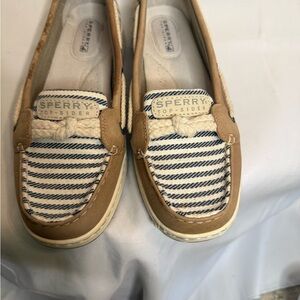 Sperry Tan and Blue Striped Flats